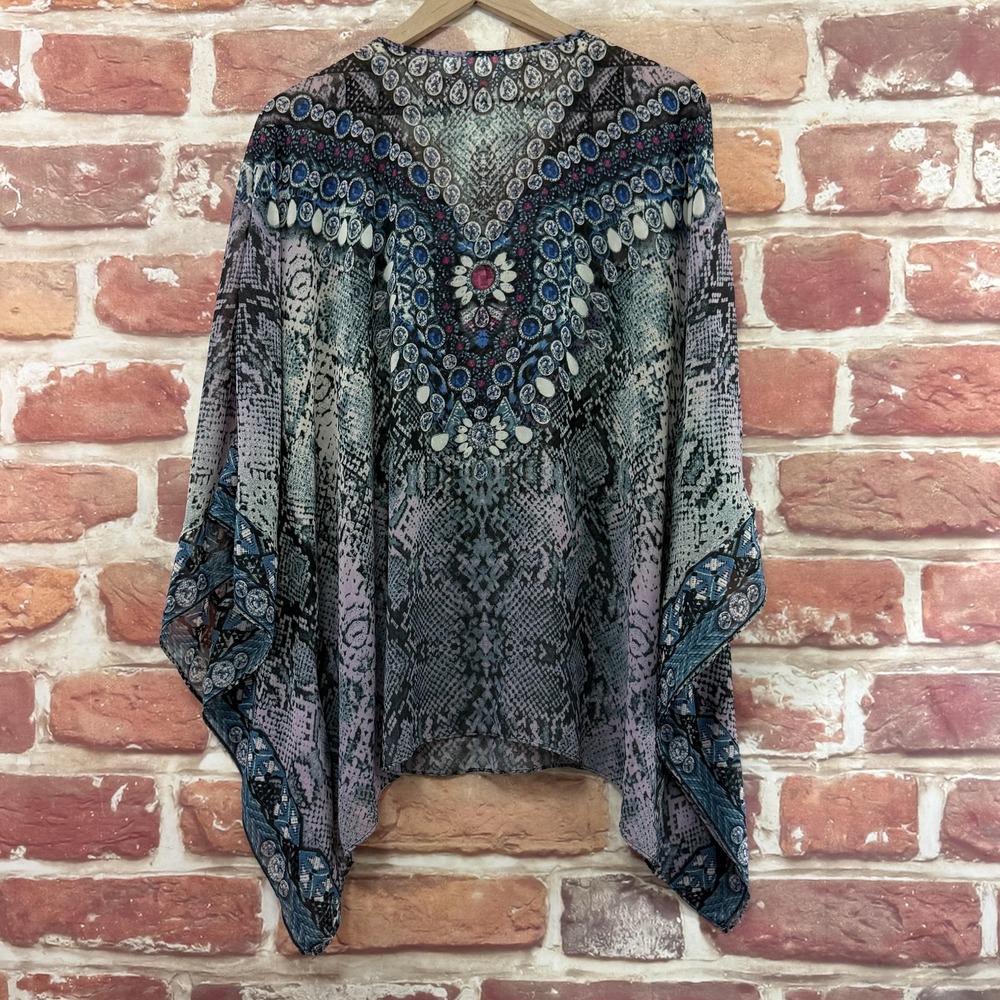 Belle Kim Gravel  Top Women's XL Boho Snakeskin Jewel Print Kimono Sheer Shirt - Picture 4 of 10